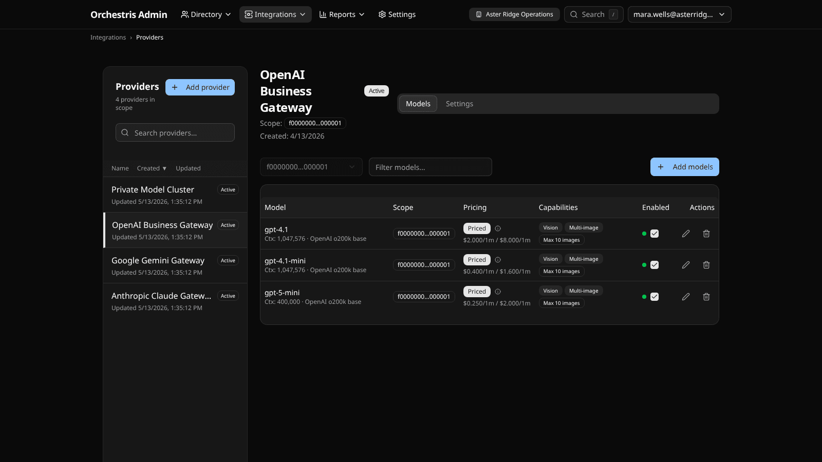 Orchestris provider catalog showing commercial and private model providers
